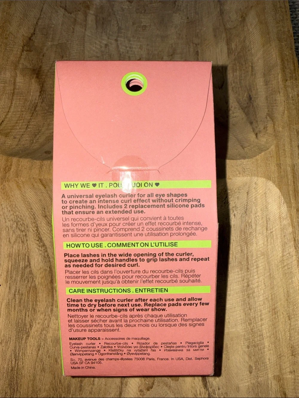 Sephora Silver Eyelash Curler on Pink Box